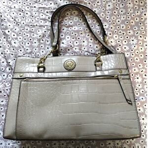 Anne Klein Faux Leather Bag Beige Neutral Handbag Gold Tone Hardware Purse
